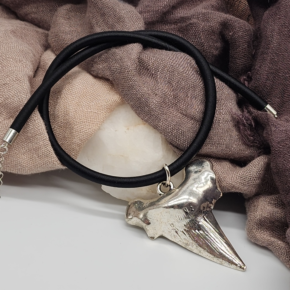 Large Solid Heavy Silver Plated Shark Tooth Big Pendant Black Cord Necklace Gift